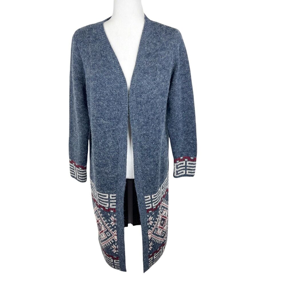 Gee Gee Sweater Women Small / Medium Blue Red Open Front Long Cardigan Winter